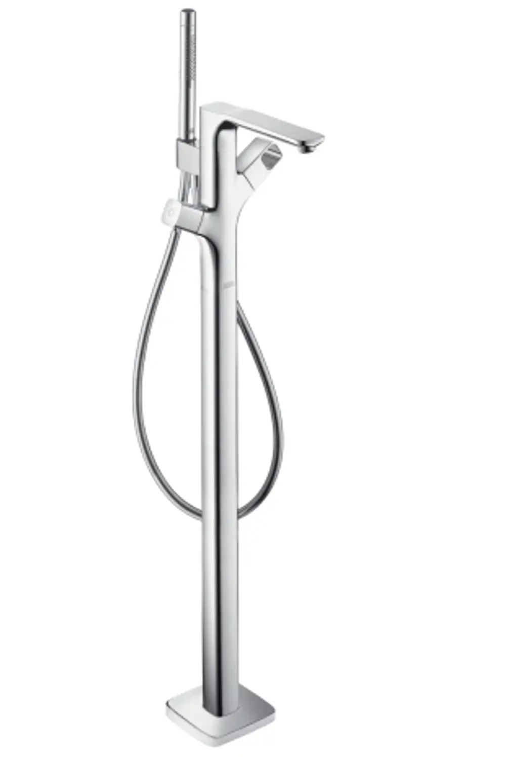 Bodenstehender Thermostat für Badewanne in Chrom von AXOR, mit integriertem Handbrauseanschluss und schlichtem Design, montiert auf quadratischer Basisplatte.